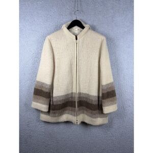 Vintage Hilda Ltd Iceland Women's M 100% Wool Striped Zip Cardigan Jacket Cream